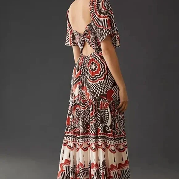 Anthropologie Tiered Maxi Dress V Neck Flutter Sleeve Southwestern Size M - Picture 3 of 11